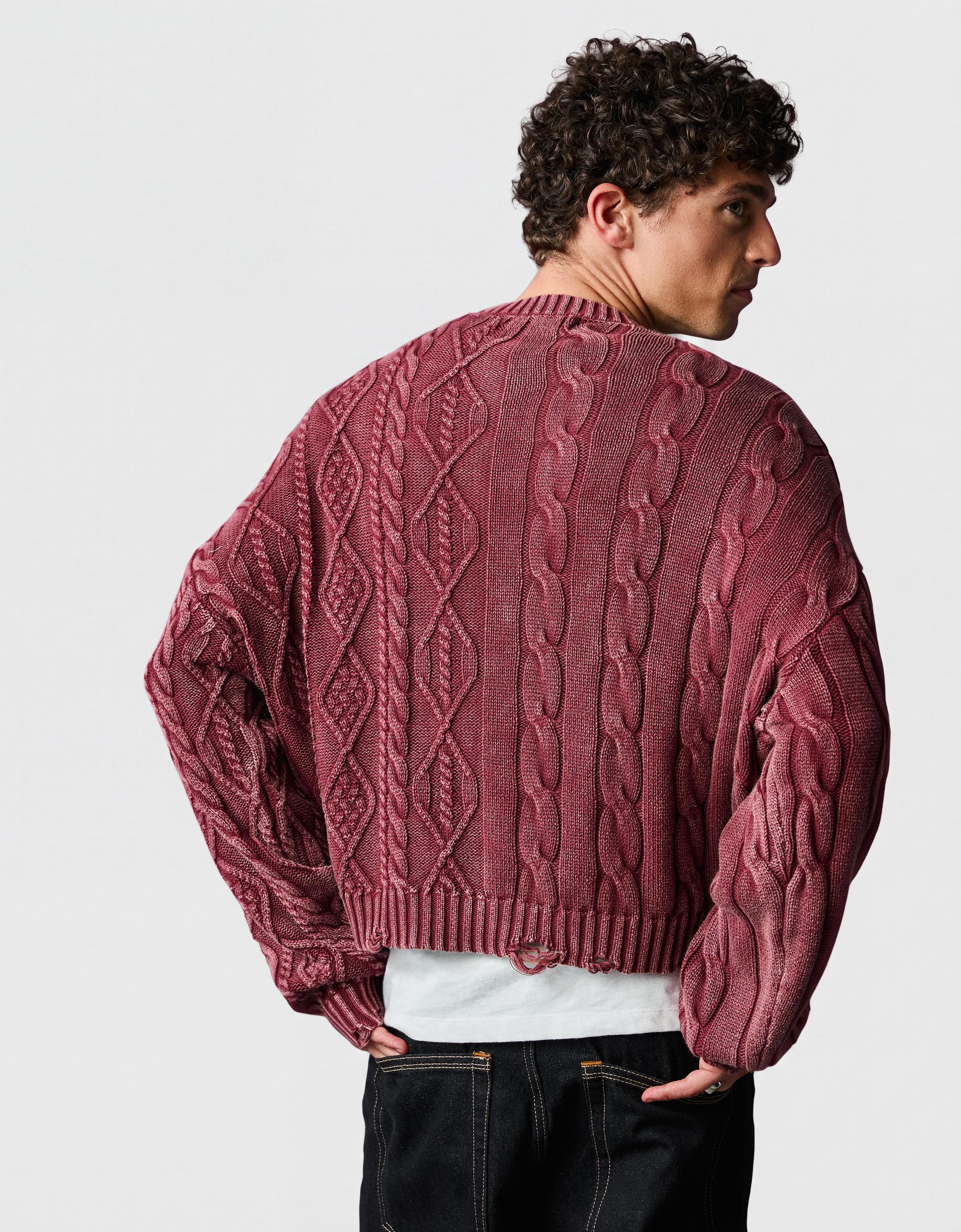Washed-effect cable-knit jumper — Maroon