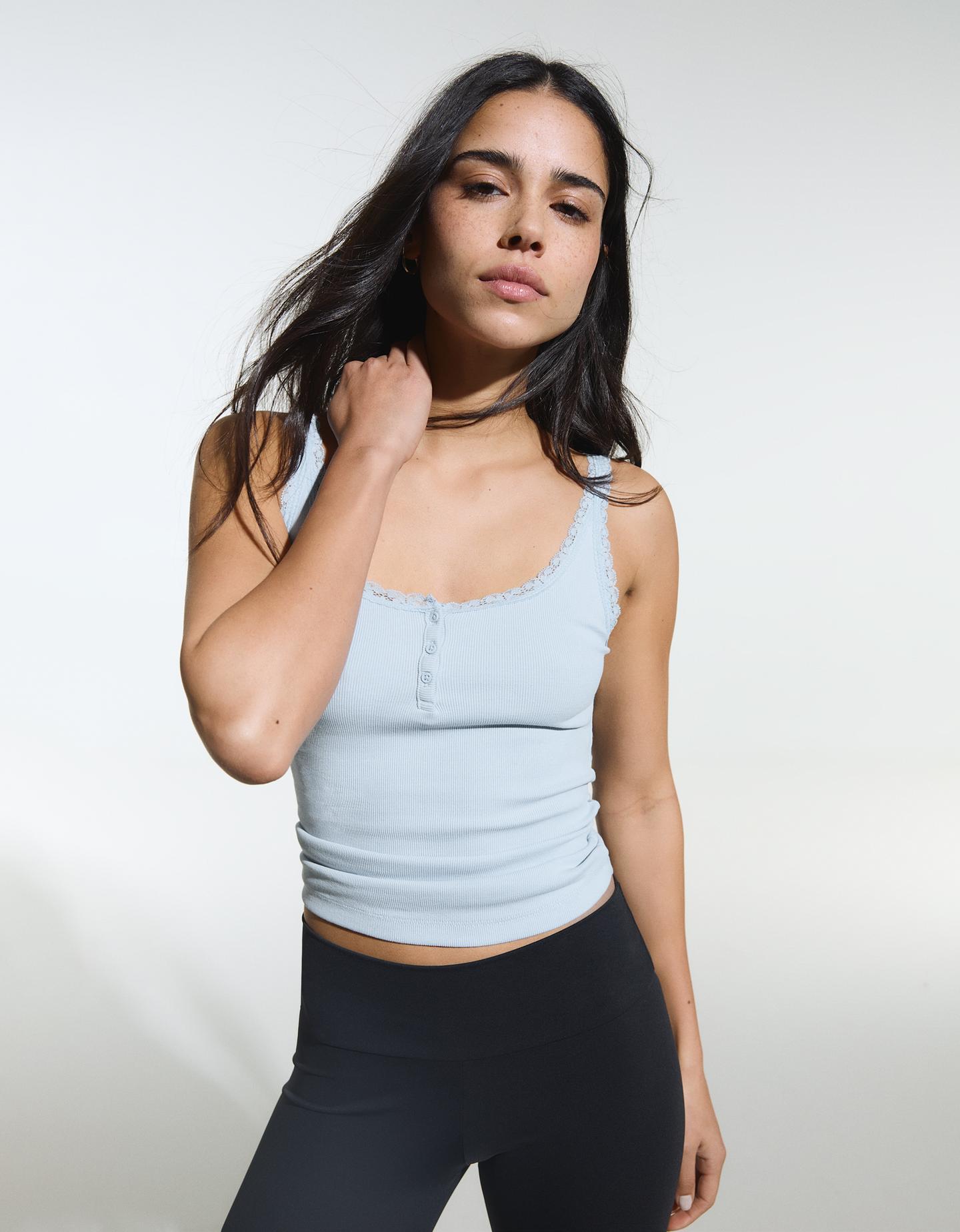 Bershka Top Bretelline Collo A Serafino Donna S Azzurro Chiaro