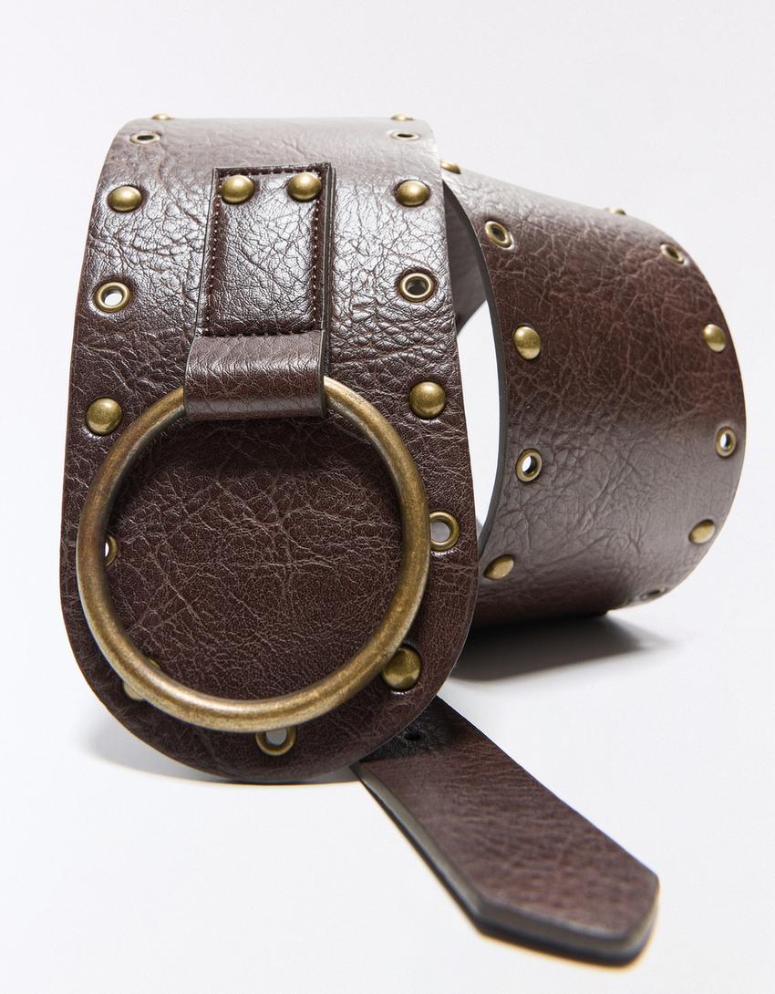 Studded buckle belt-Brown