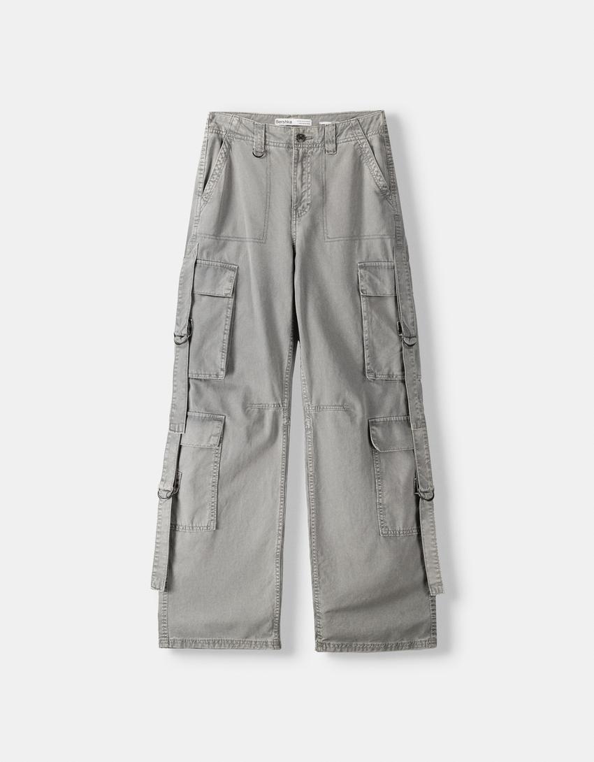 Cotton cargo trousers with straps-Grey