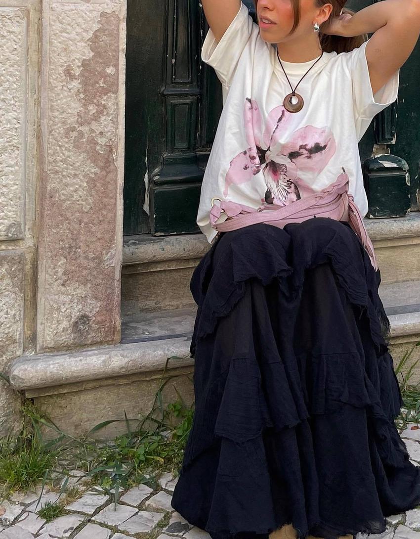 Tricou mânecă scurtă oversize print-Alb murdar