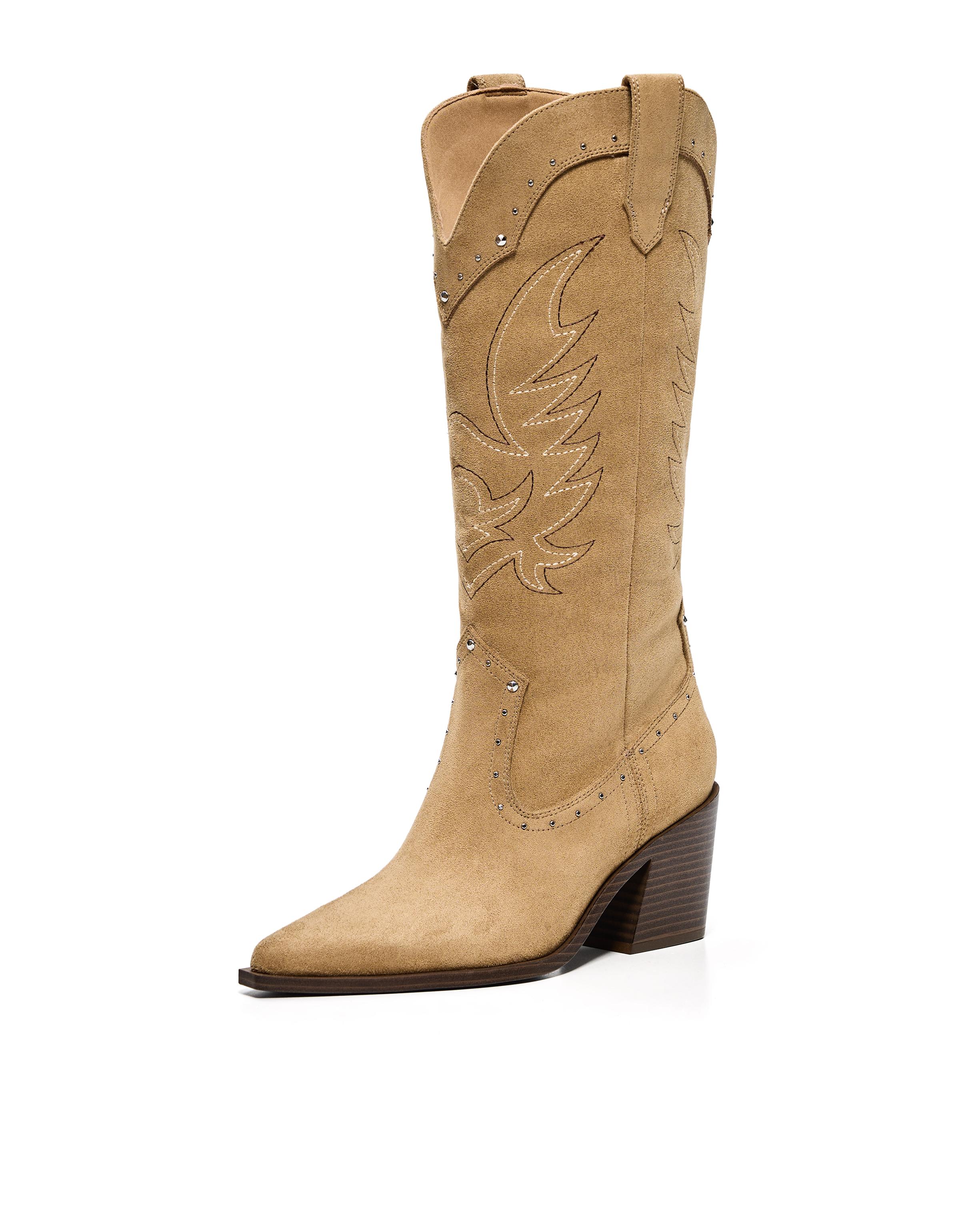 Studded cowboy heel boots — BEIGE
