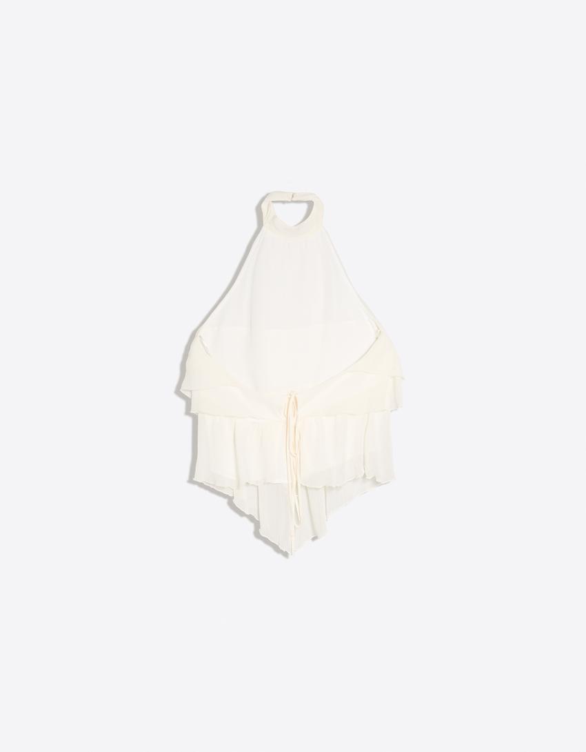 Top halter z falbankami-Kremowy