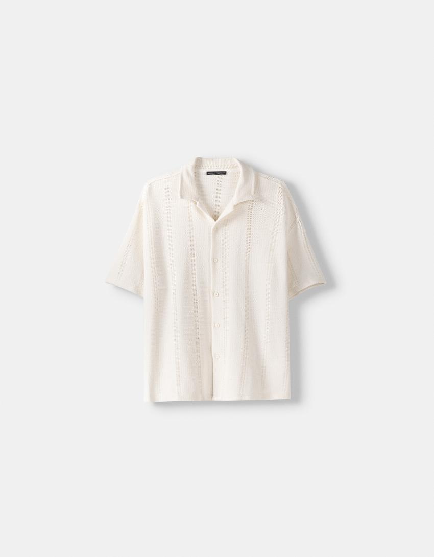 قميص ريفي بأكمام قصيرة وحياكة مفتوحة-أبيض-4