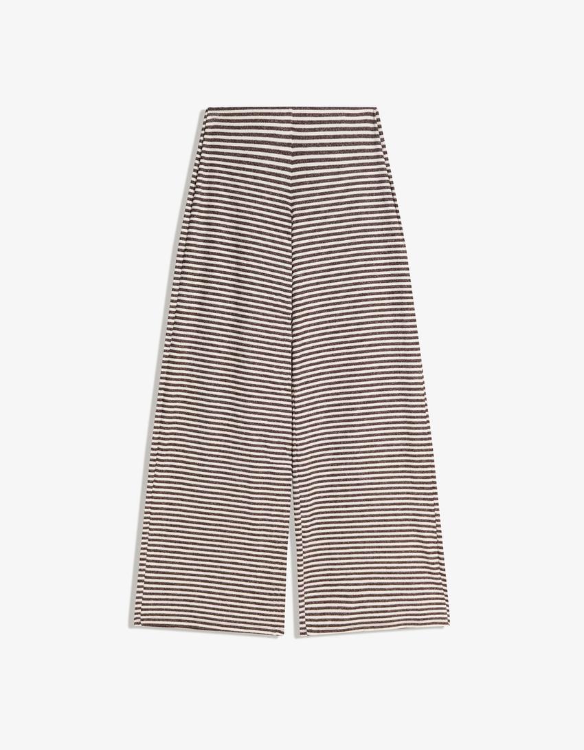 Pantalon wide leg en maille à rayures-Marron