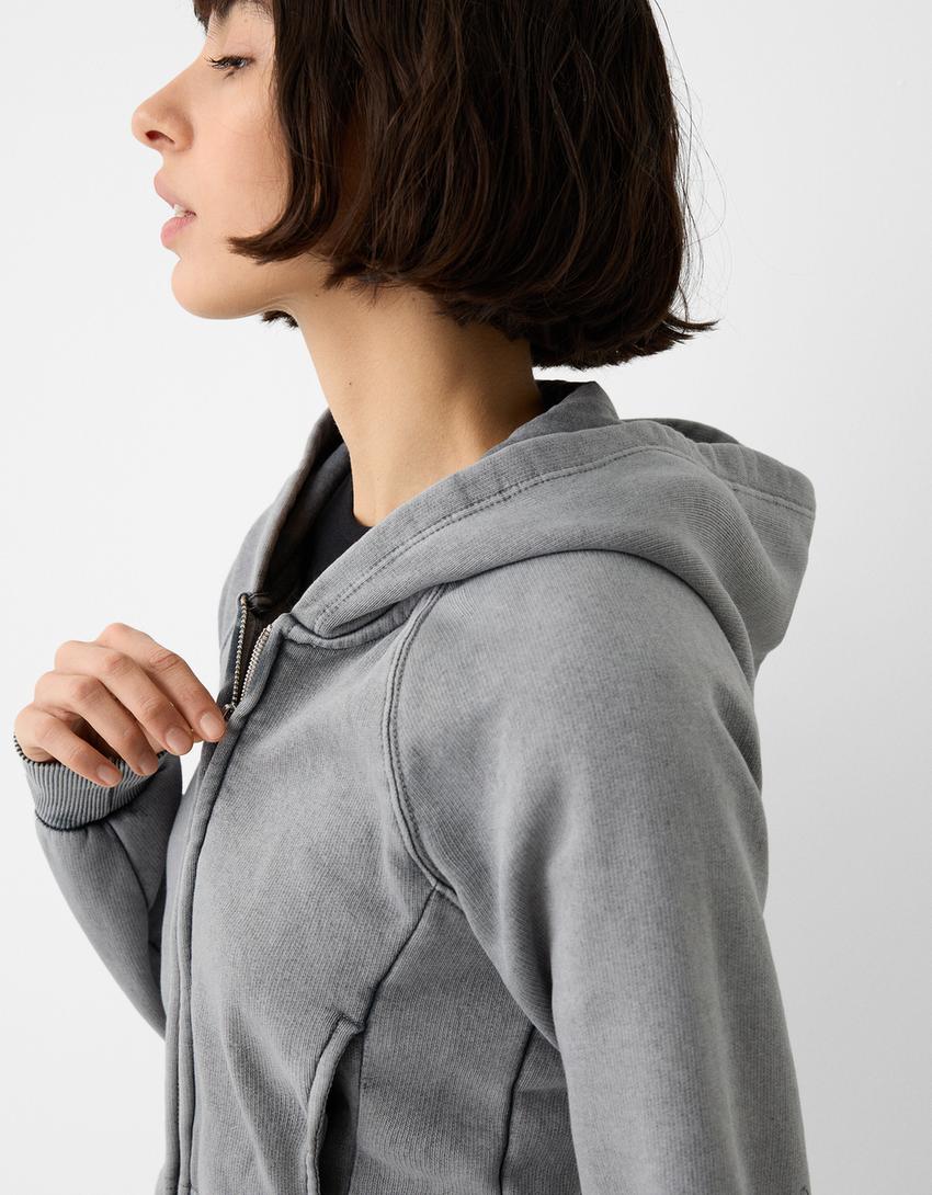 Cropped zip-up hoodie-Grey-2