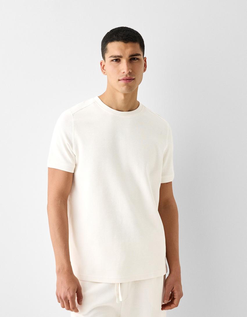 T-shirt texturé à manches courtes-Blanc cassé-0