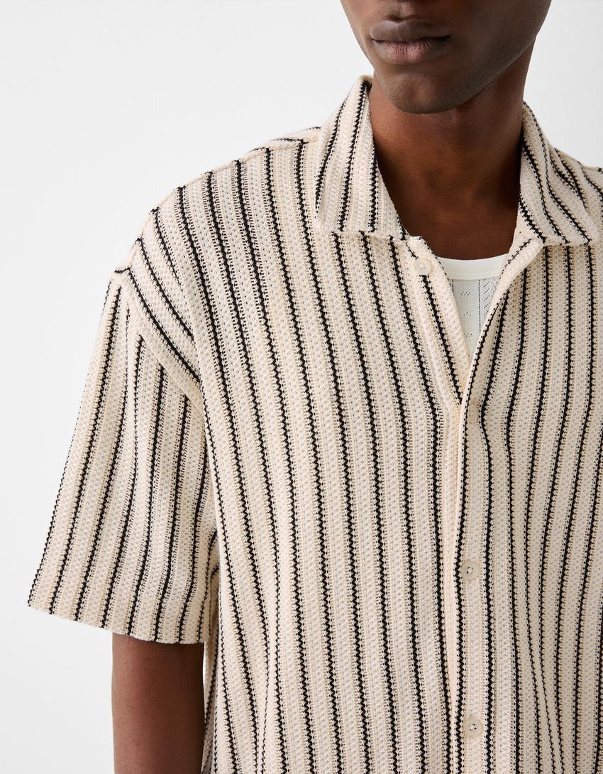 Chemise manches courtes texturée rayures-Blanc / Noir-5
