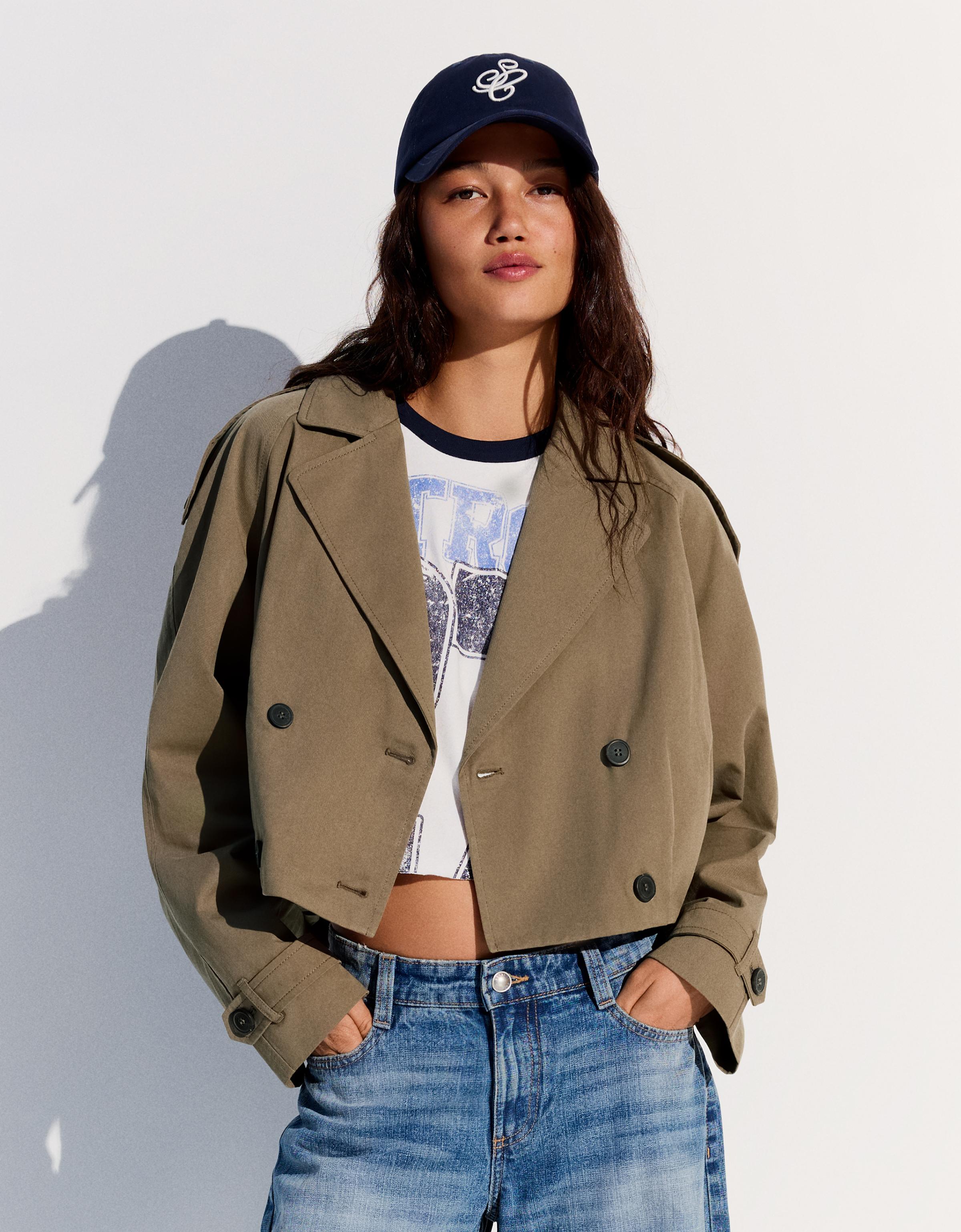 Bershka Trench Corto Pliegues Mujer Visón