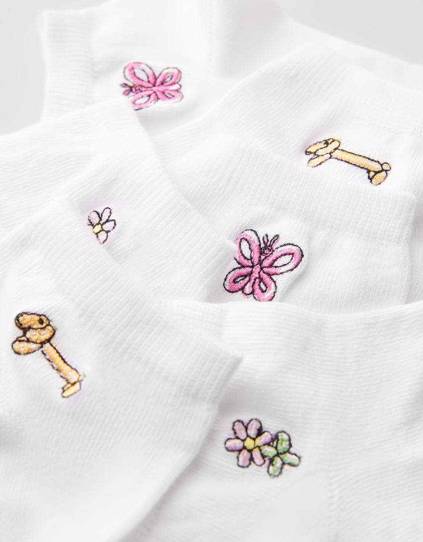 3’lü işlemeli çorap paketi-Beyaz-2