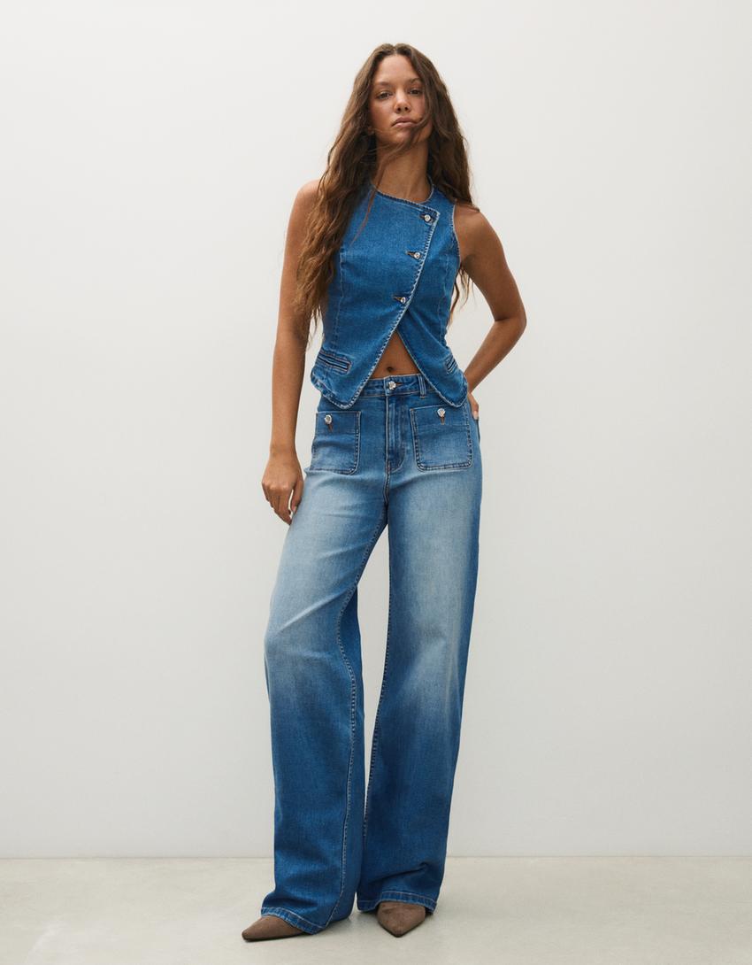 Gilet in denim con bottoni-Azzurro Lavato
