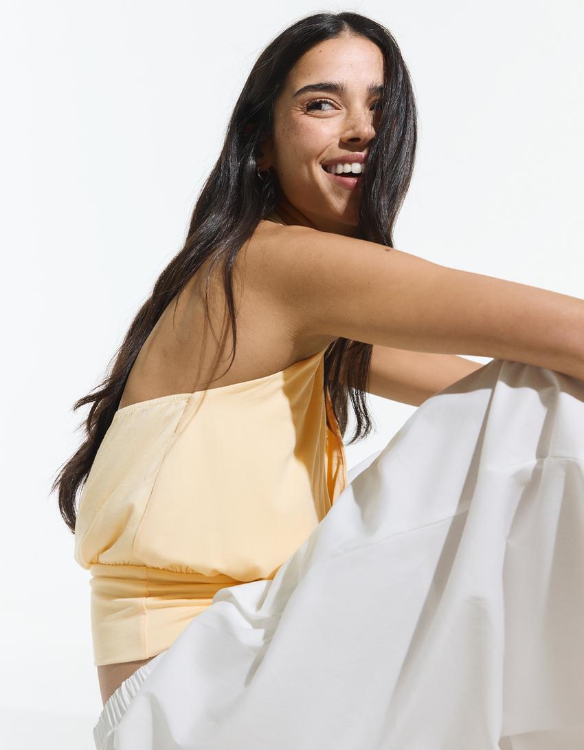 Ruched crossover top with sash-Yellow