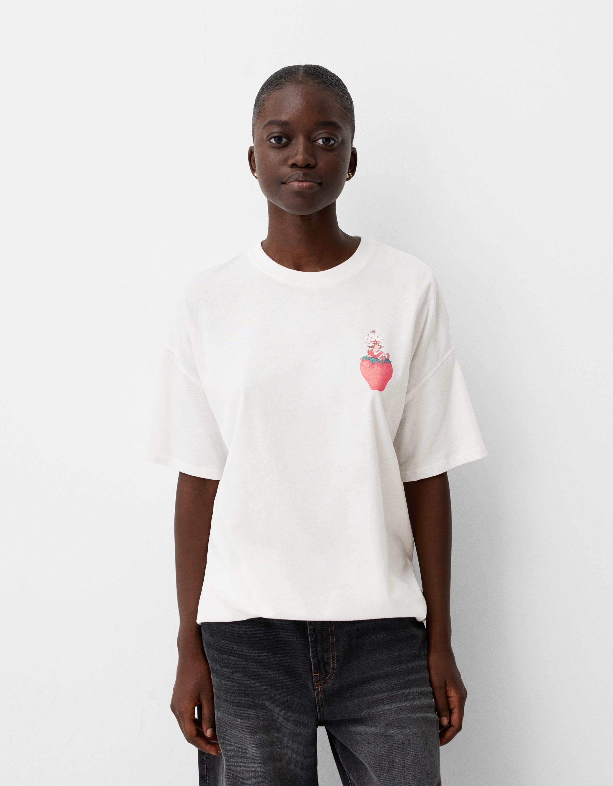 Bershka T-Shirt Tarta De Fresa Oversize Damen M Weiss