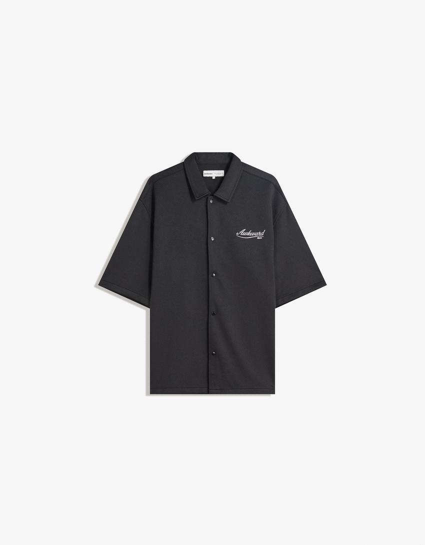 Camicia a maniche corte ricamata-Nero-0