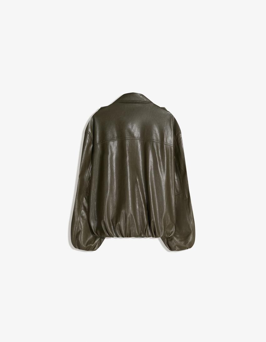 Leather effect balloon jacket-Khaki