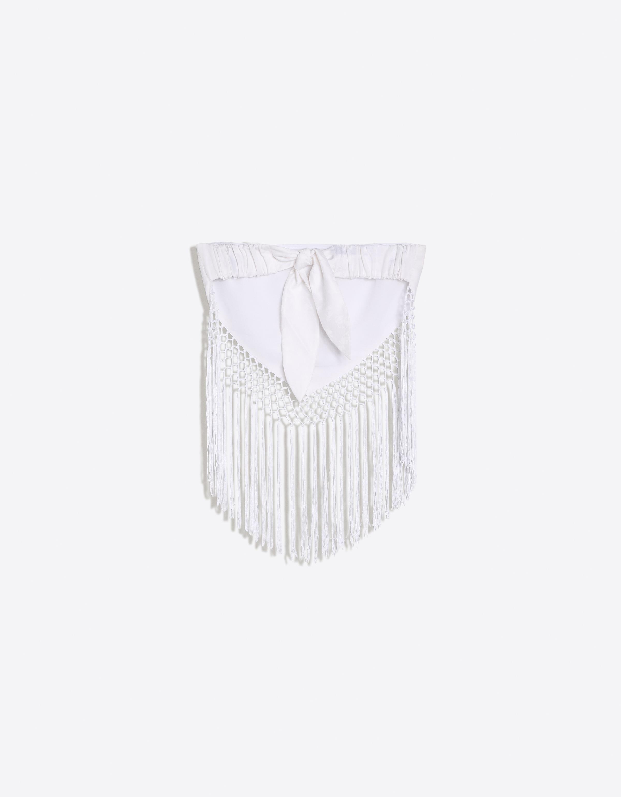 Jacquard bandeau top with fringing — White