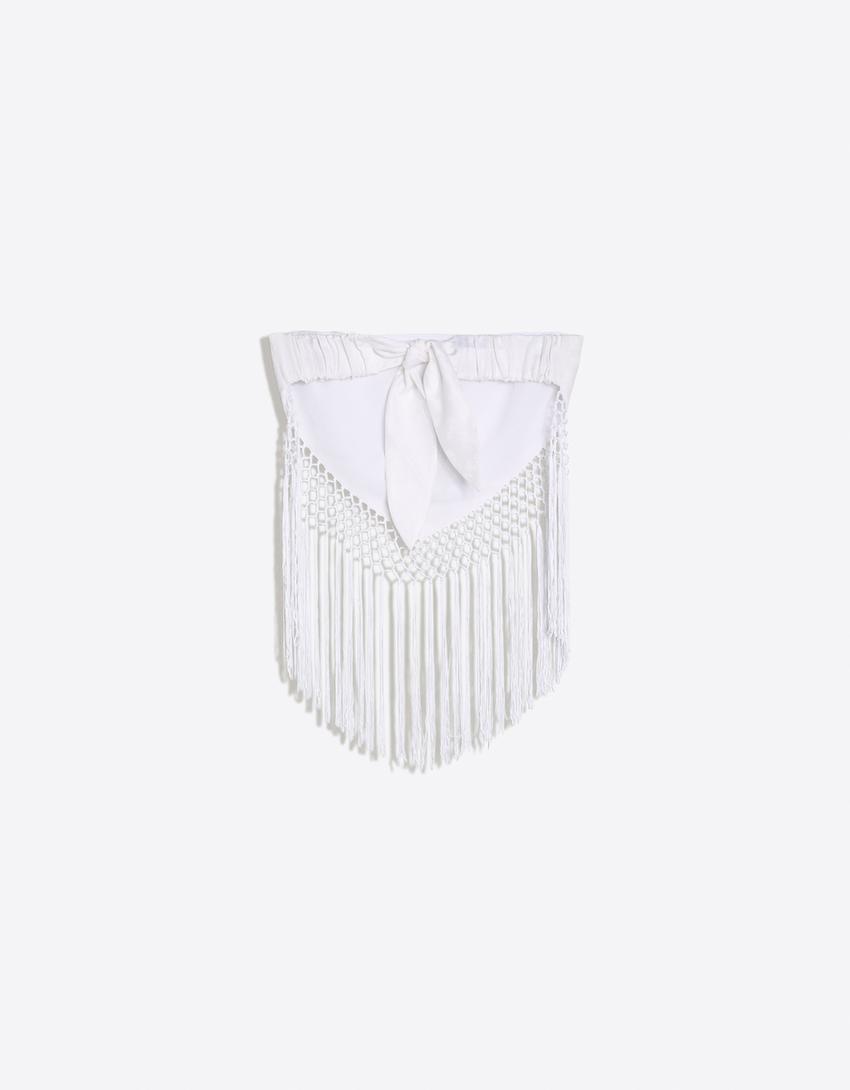 Jacquard bandeau top with fringe-White