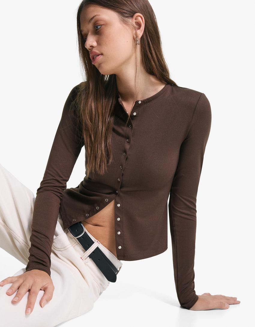 Long sleeve T-shirt with buttons-Brown-2