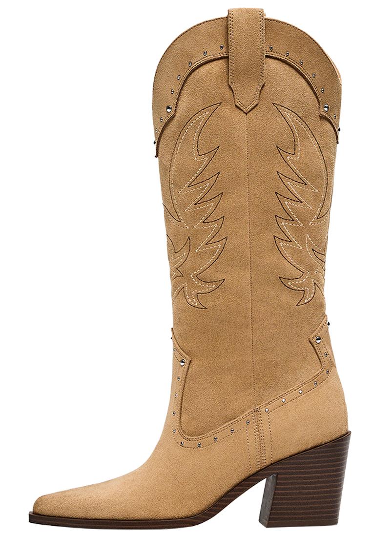 Studded cowboy heel boots — BEIGE