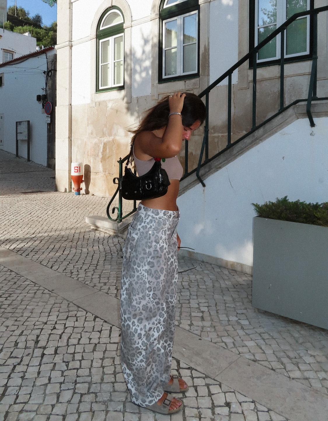 Animal print barrel trousers