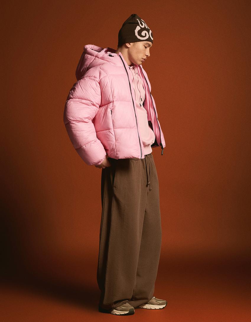 Grafik baskılı şişme ceket-Pembe