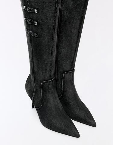 DENIM CLASP HEEL BOOTS — Grey 6