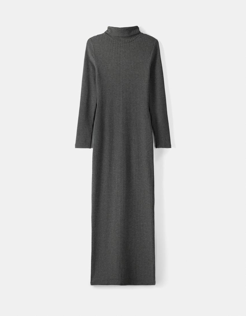Robe maille manches longues col roulé bord-côte-Gris foncé-5