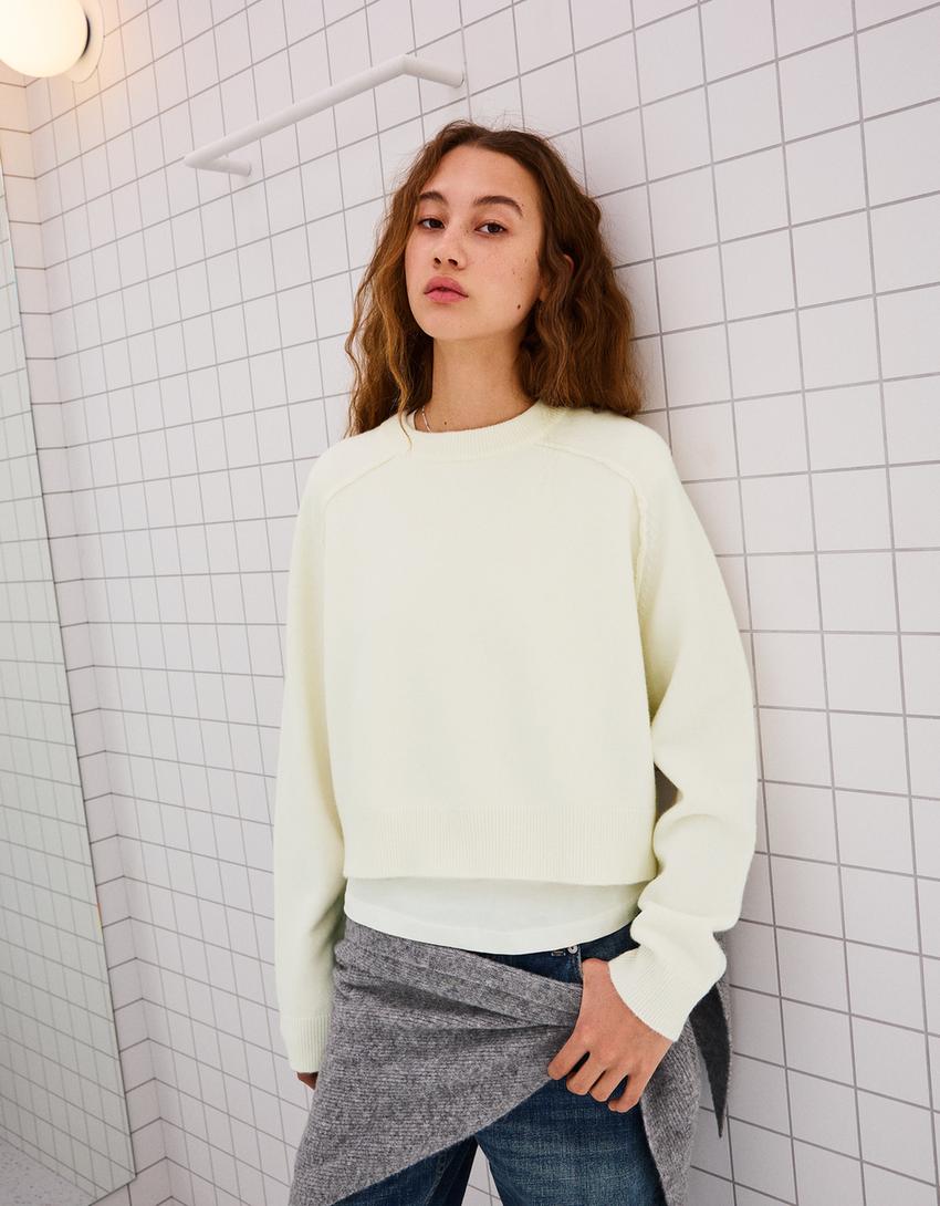 Dikişli triko kazak-Krem