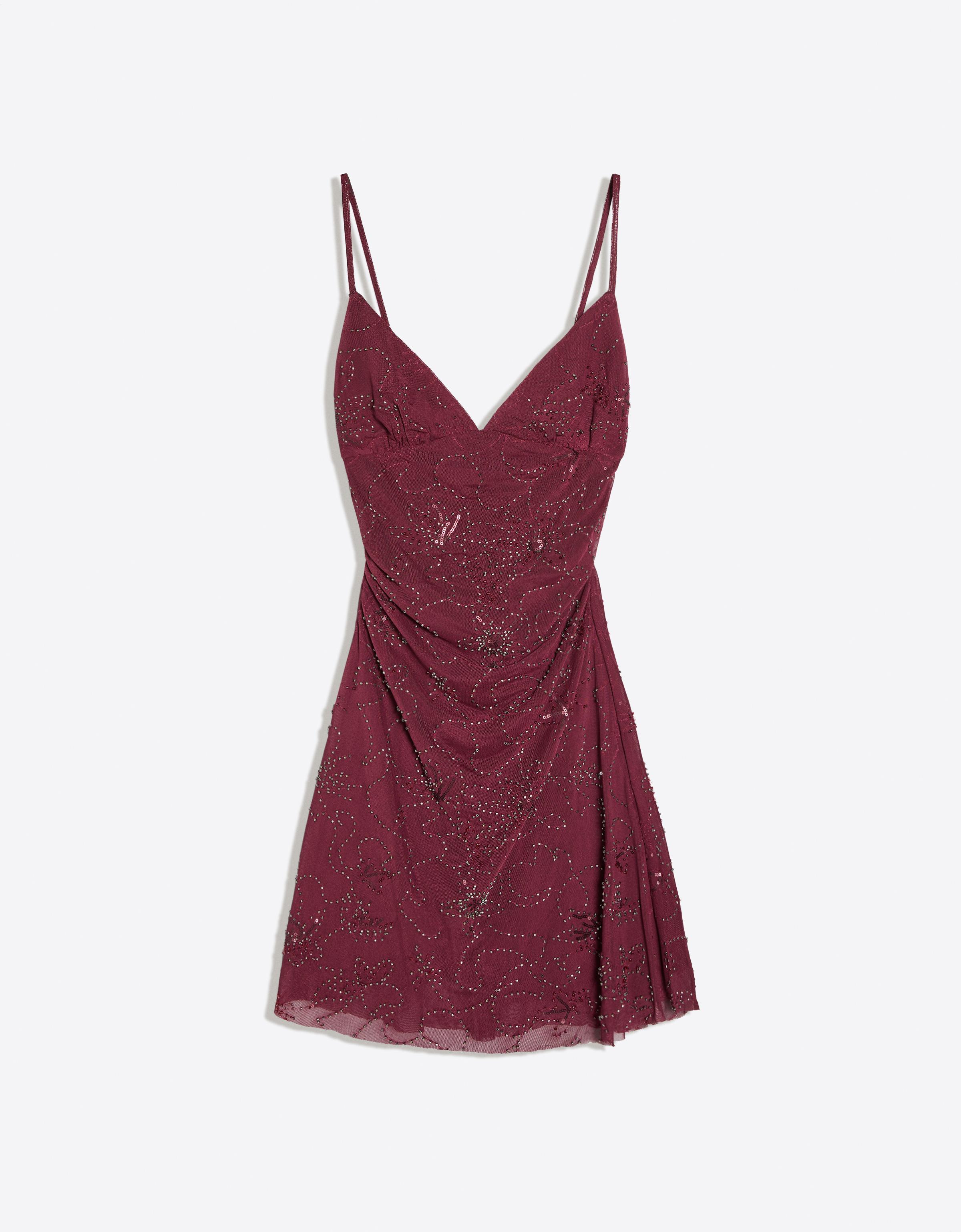 Rhinestone mesh mini dress — Burgundy