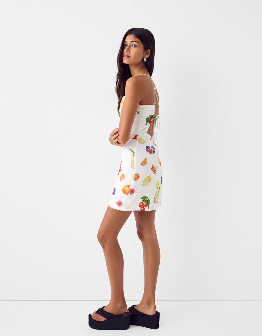 فستان قصير مطبوع من مزيج كتان-بيج-2