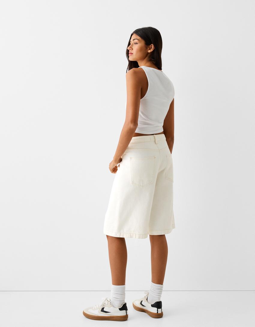 Bol denim bermuda şort-Krem-2