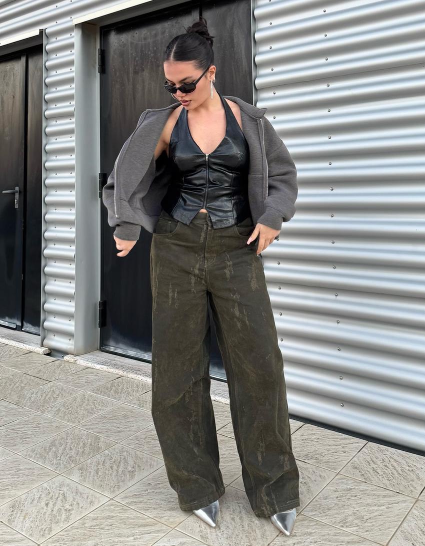 Sweatshirt fecho de correr oversize efeito tecido sintético-Cinza