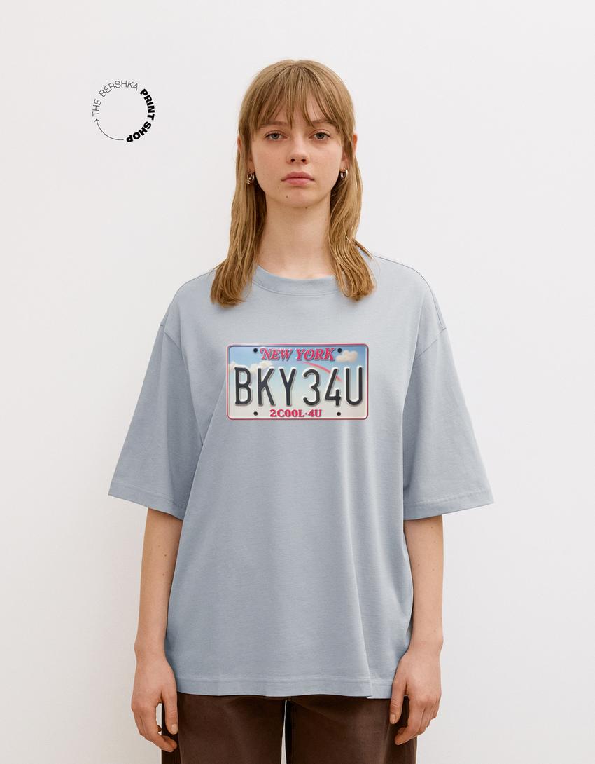 T-Shirt mit Print und kurzen Ärmeln-Ausgewaschenes Blau-1