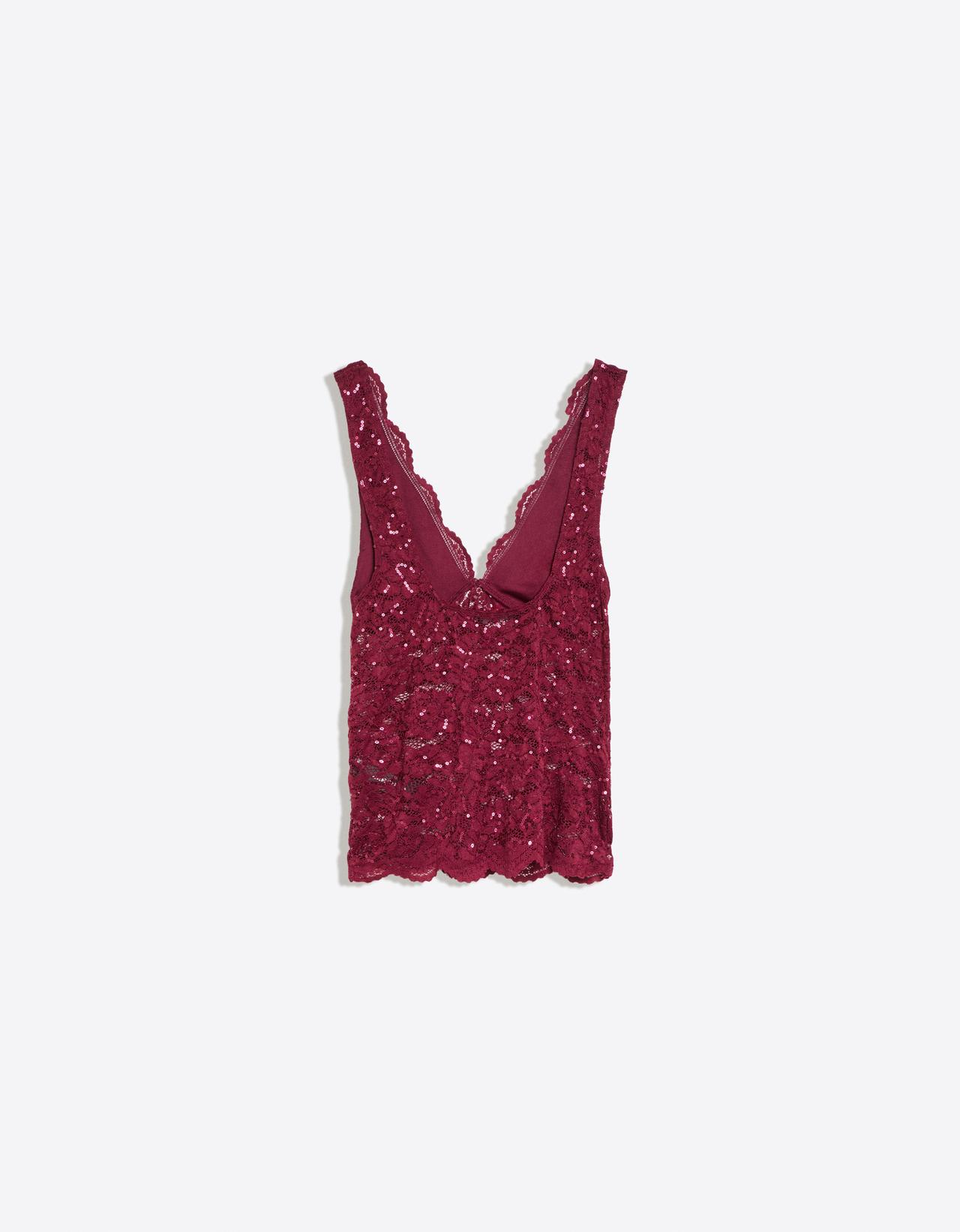V-neck lace sequin top — Maroon