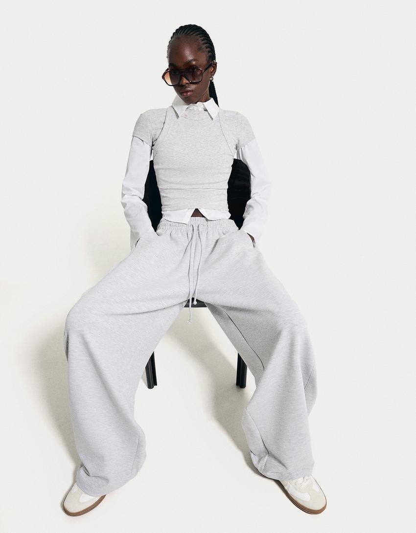 Sweatshirt material barrel pants-Grey