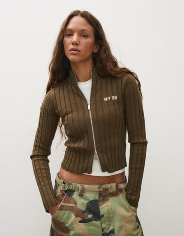 Ribbed zip-up cardigan — Khaki 1