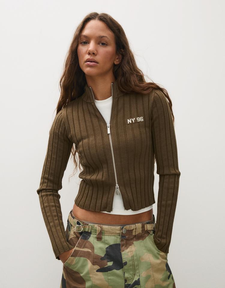 Ribbed zip-up cardigan — Khaki