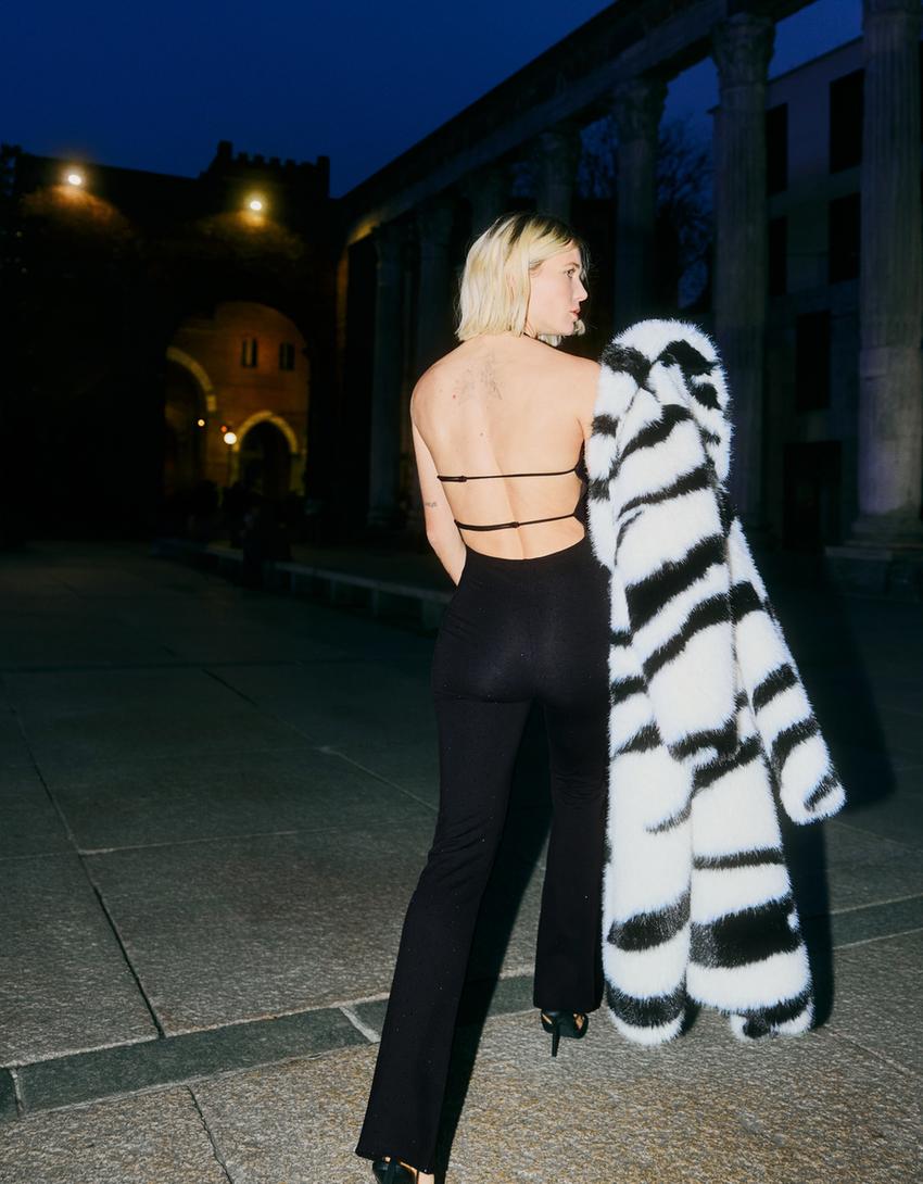 Long fitted rhinestone jumpsuit-Black