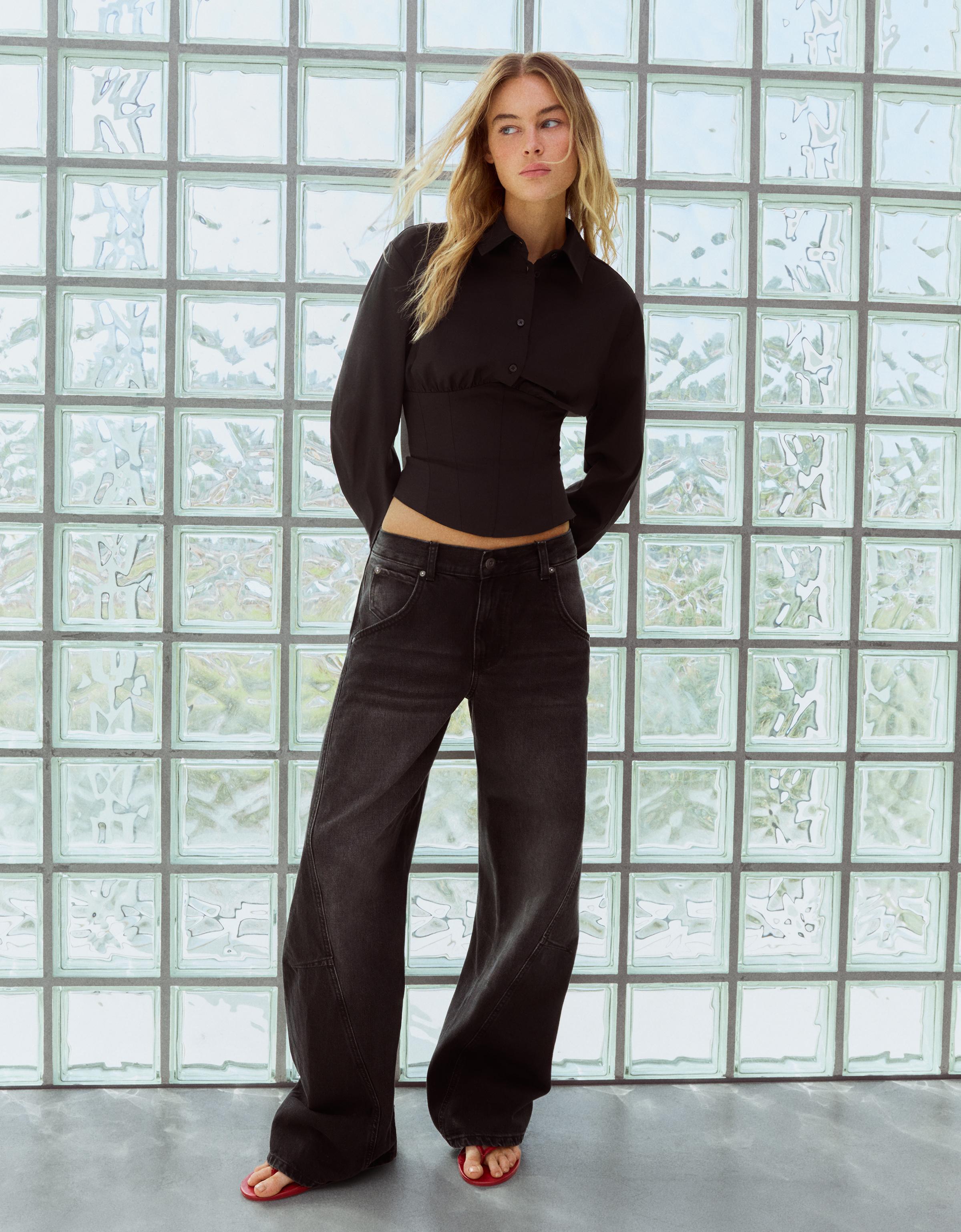 Long sleeve corset-effect shirt — Black