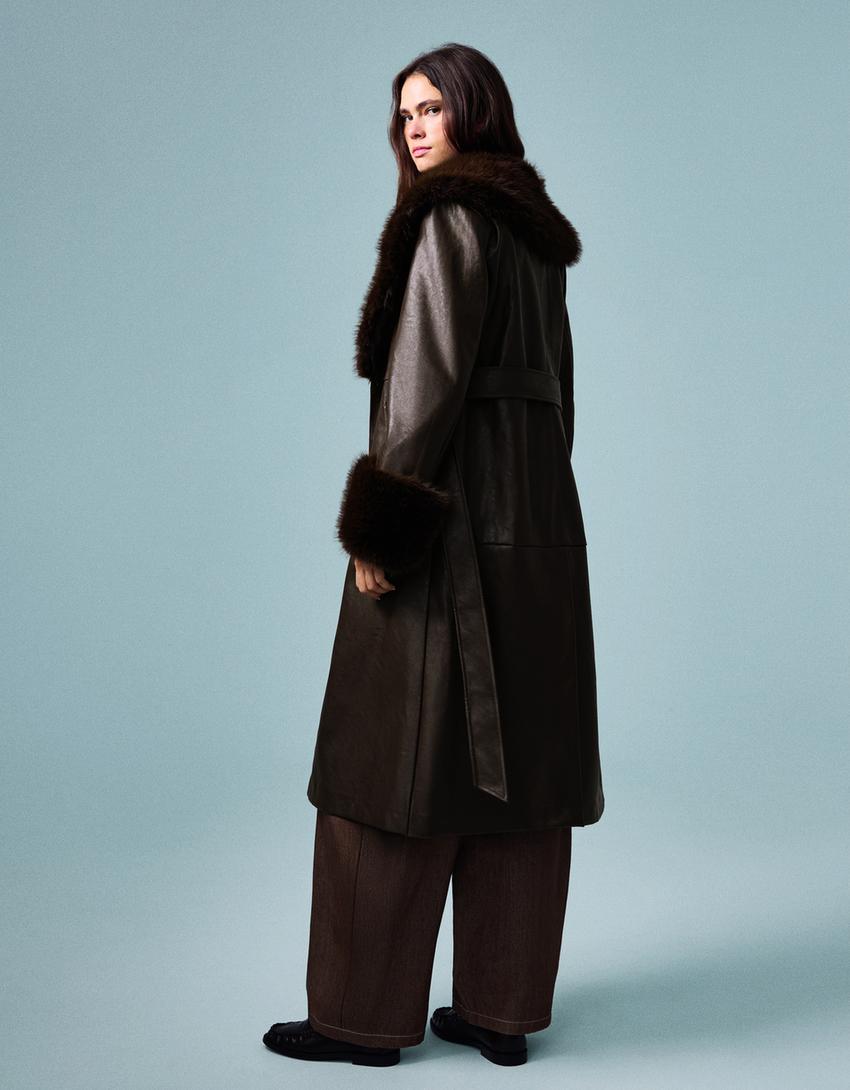 Contrast leather effect coat with faux fur-Brown