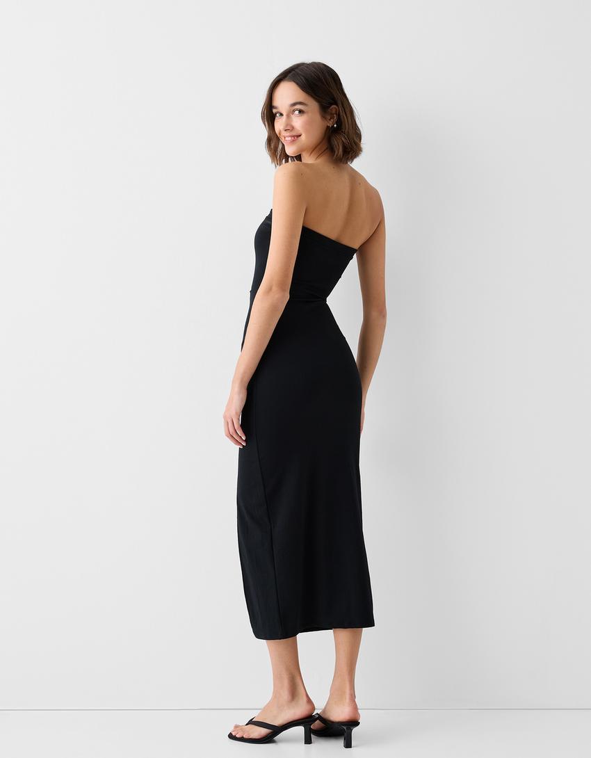 Fitted bandeau neckline midi dress-Black-2