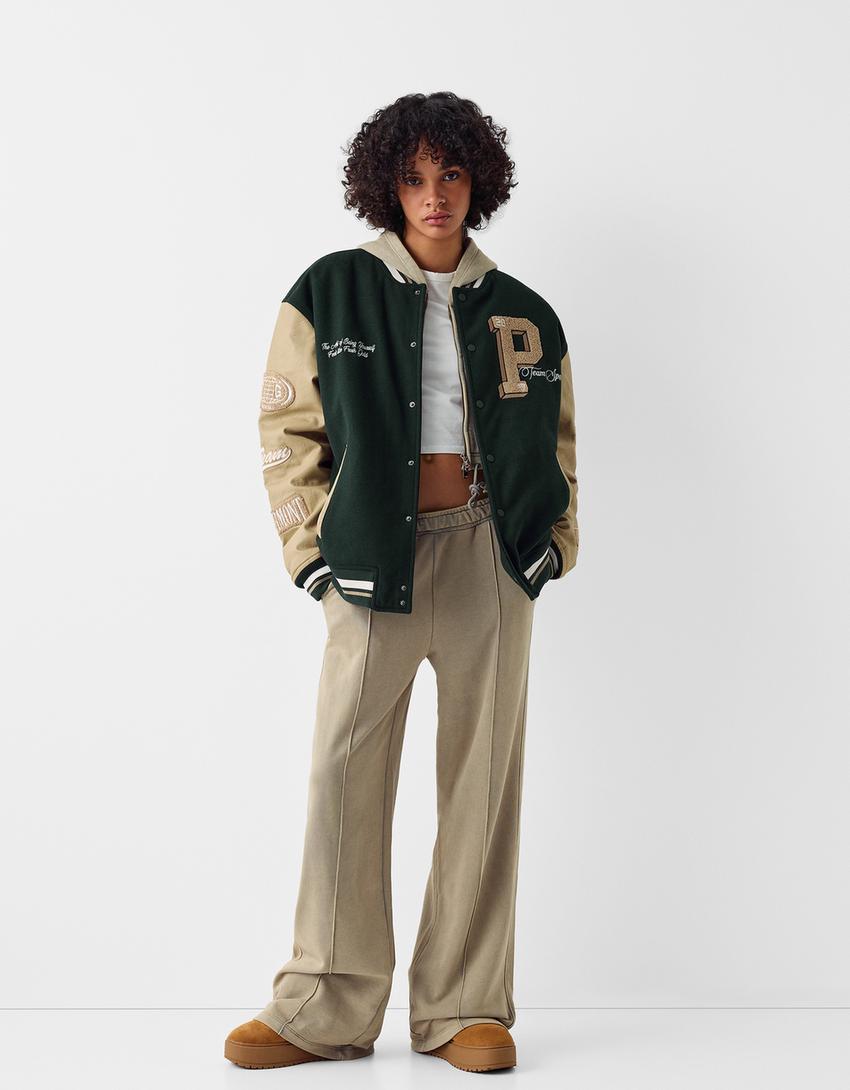 جاكيت جامعي لباد بملمس بارز وأكمام جلد صناعي-أخضر-3