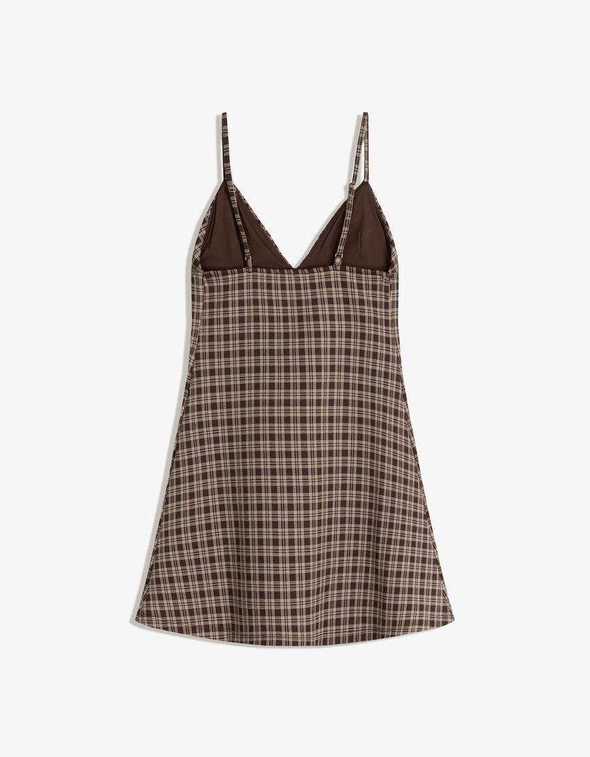Robe courte à carreaux-Marron