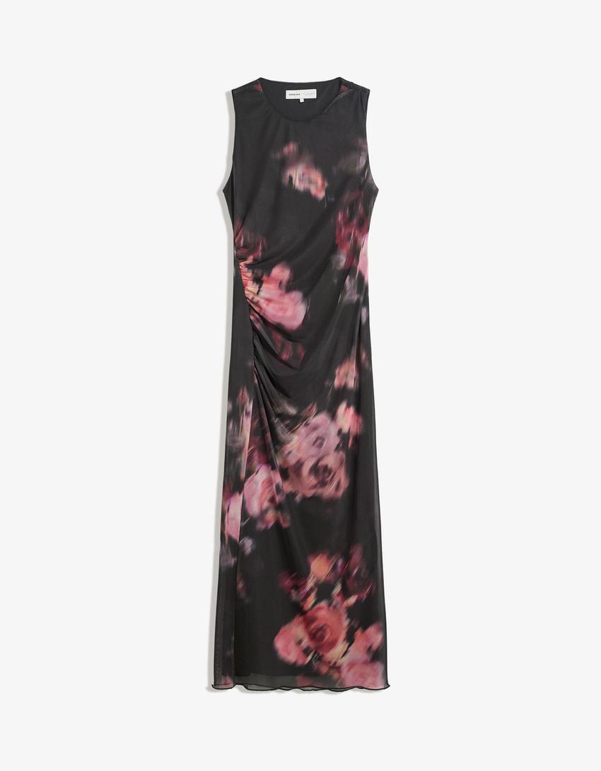 Printed tulle midi dress-Black
