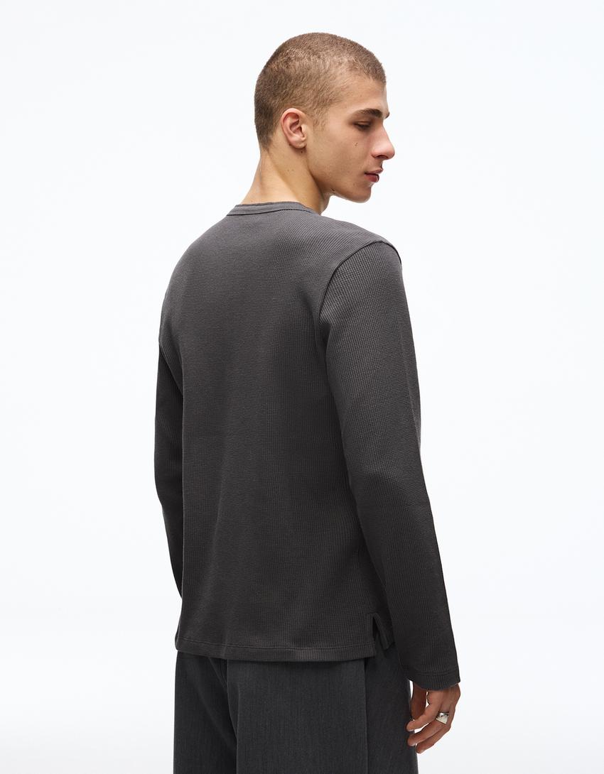 Uzun kollu henley slim fit tişört-Koyu gri