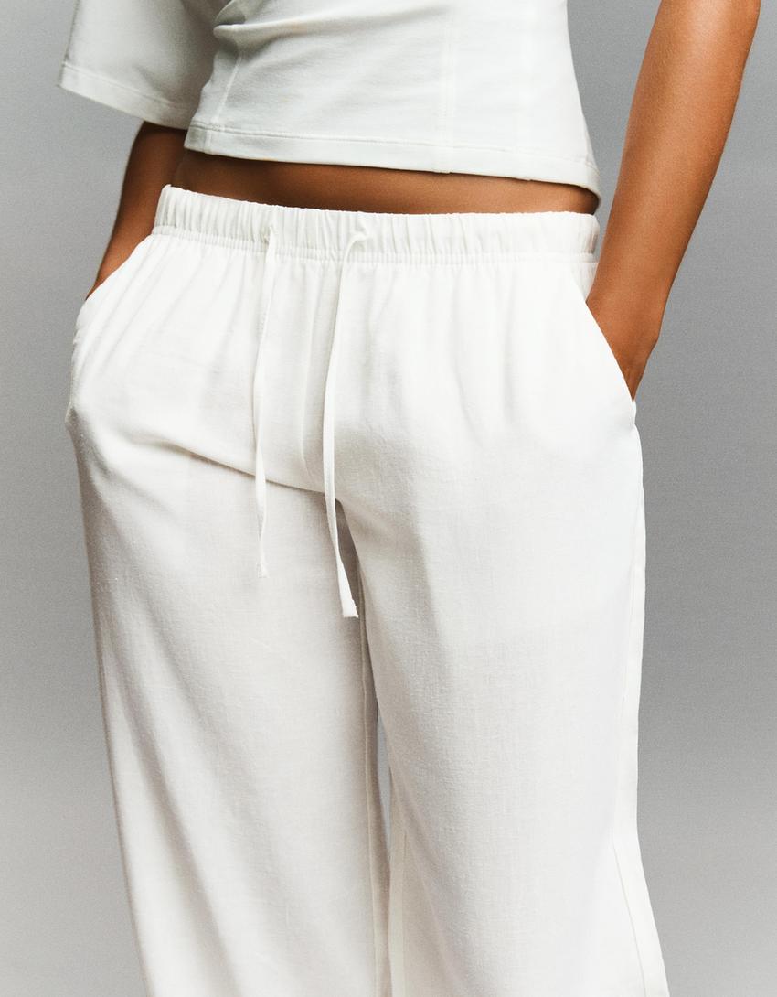 Linen blend trousers with an elasticated waistband-Off white