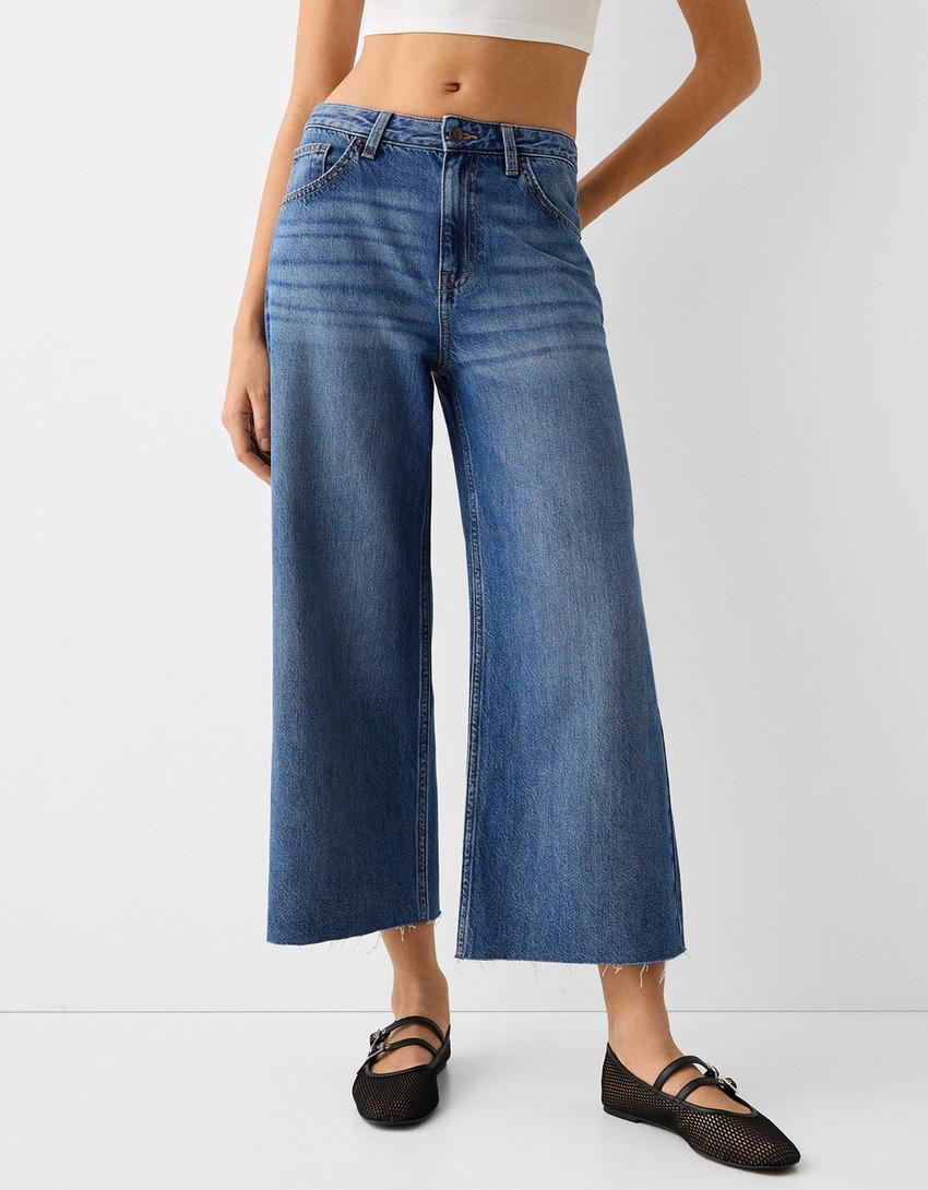 جينز بقصة قصيرة وساق عريضة-أزرق-1