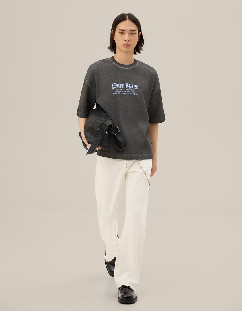 Waffle-knit short sleeve print T-shirt-Dark grey