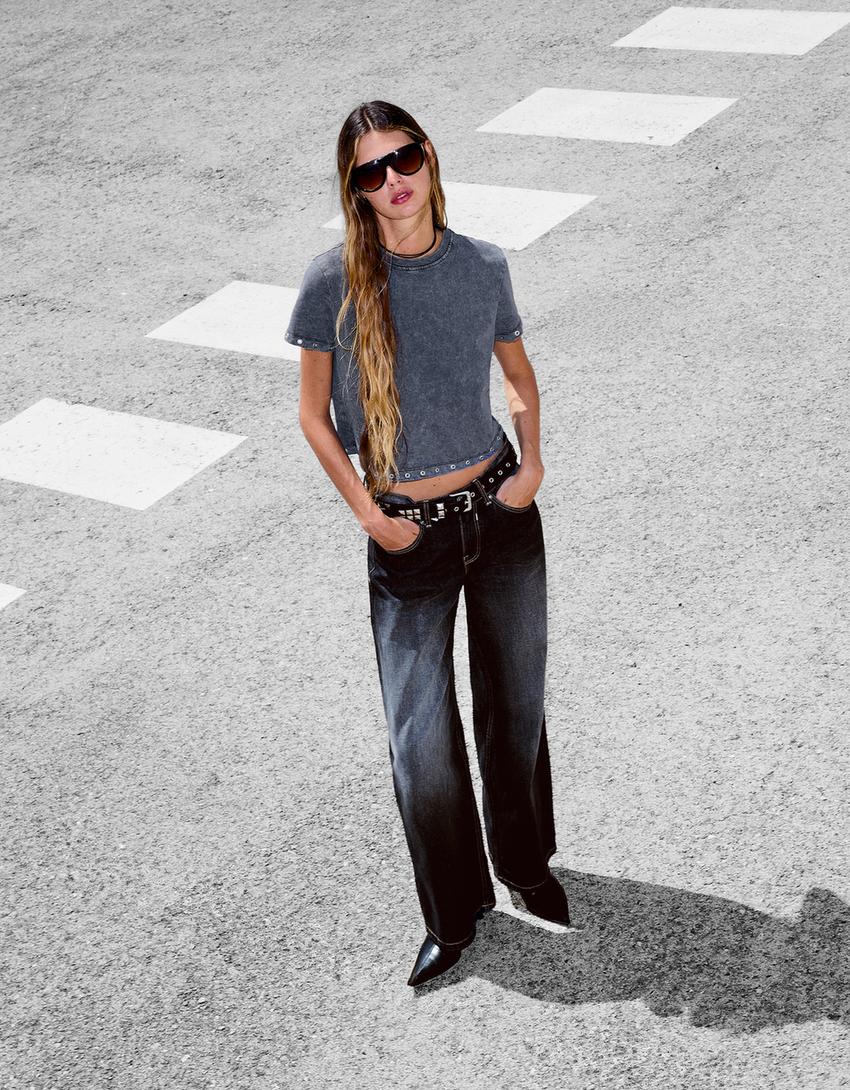T-shirt à manches courtes à œillets-Gris foncé