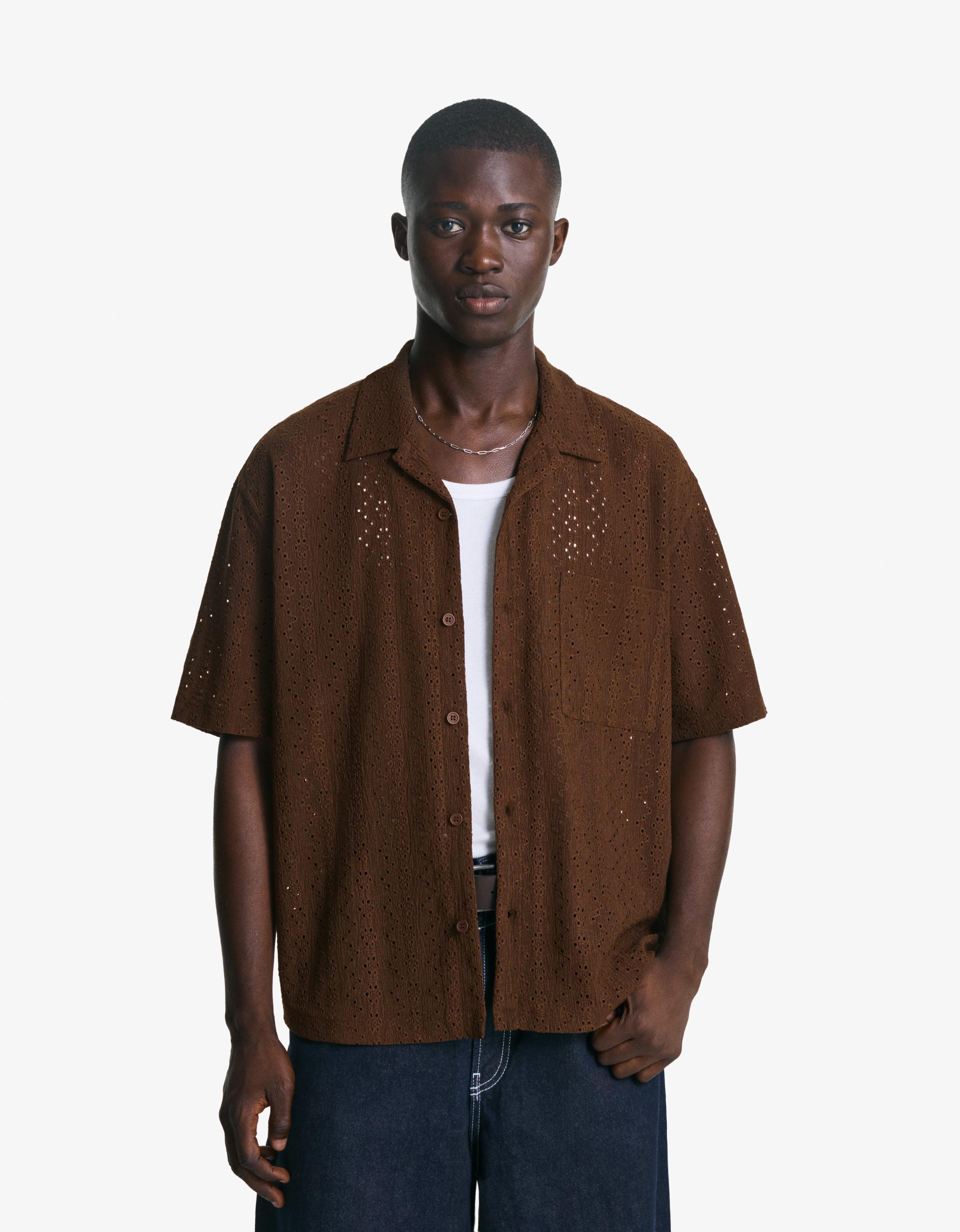 Bershka Besticktes Kurzarmhemd Herren S Braun